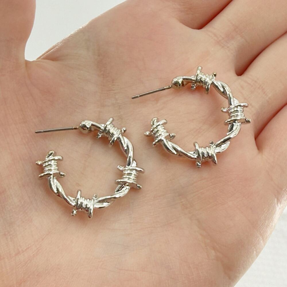 Silver Tone Barbed Wire Hoop Earrings | Punk Gothic Statement Jewelry